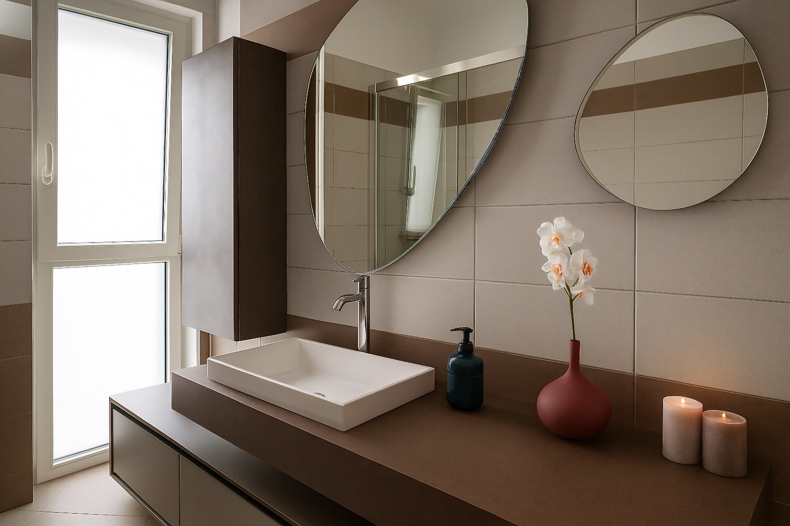 Modern bathroom with designer mirror